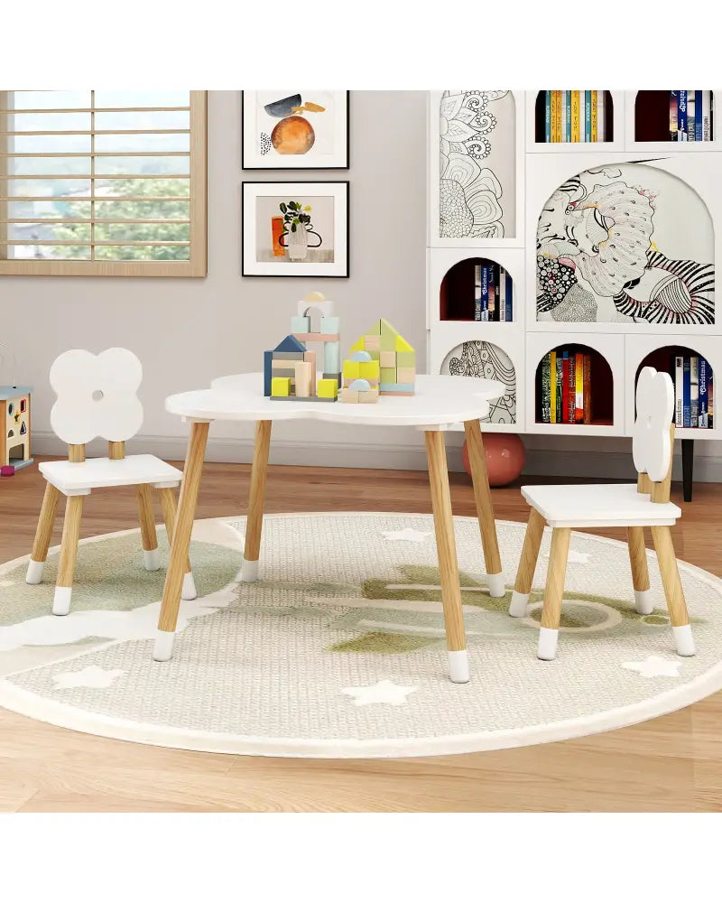 Flower-shaped Kids Table Set with Solid Pine Wood Legs-White - White - Kids Table & Chair Sets