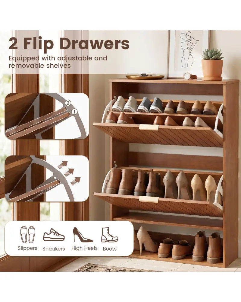 Fluted Hidden Shoe Cabinet with 2 Flip Drawers and Open Storage-Walnut - Walnut - Shoe Racks & Storage Benches