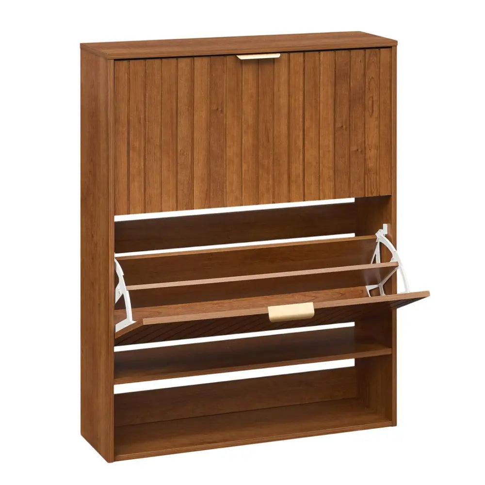 Fluted Hidden Shoe Cabinet with 2 Flip Drawers and Open Storage-Walnut - Walnut - Shoe Racks & Storage Benches