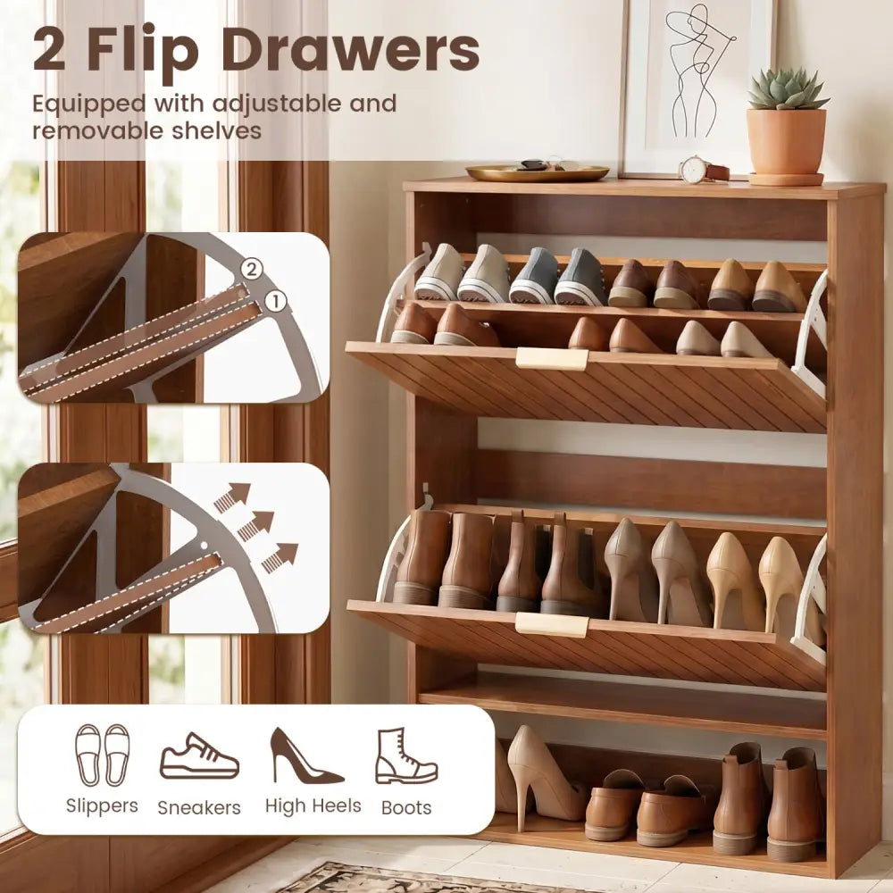 Fluted Hidden Shoe Cabinet with 2 Flip Drawers and Open Storage-Walnut - Walnut - Shoe Racks & Storage Benches