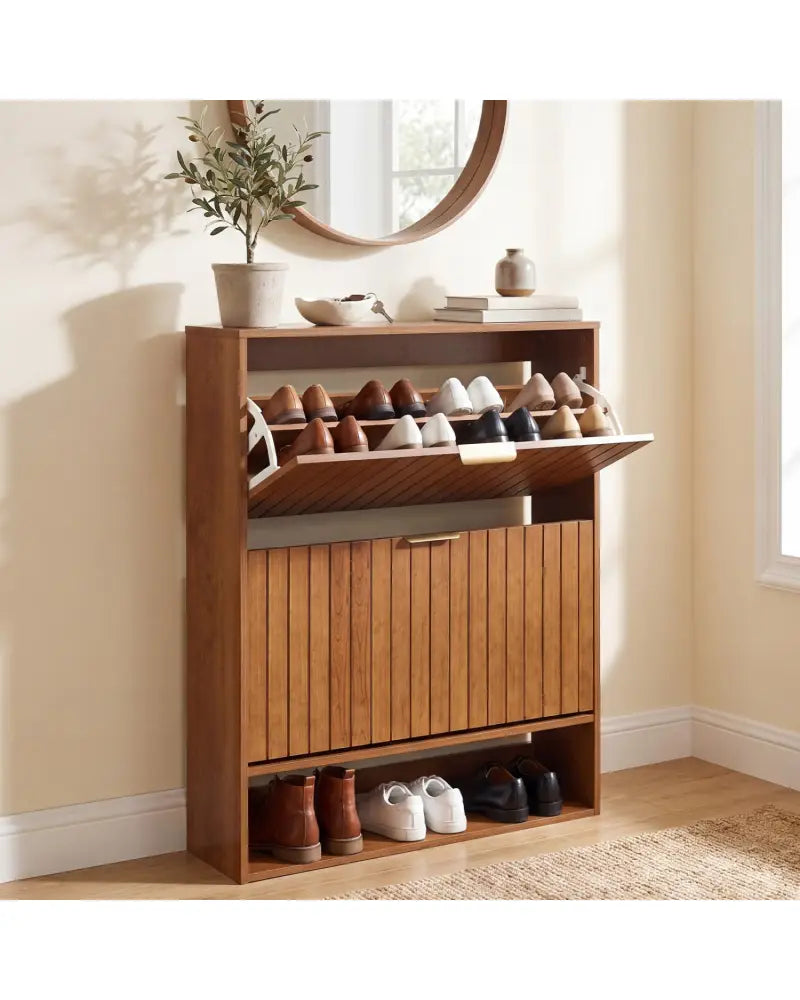 Fluted Hidden Shoe Cabinet with 2 Flip Drawers and Open Storage-Walnut - Walnut - Shoe Racks & Storage Benches