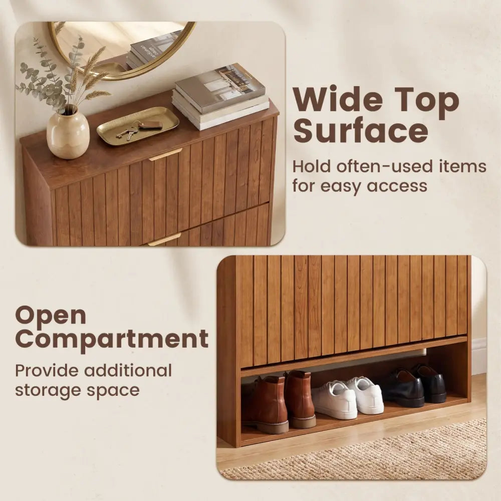 Fluted Hidden Shoe Cabinet with 2 Flip Drawers and Open Storage-Walnut - Walnut - Shoe Racks & Storage Benches