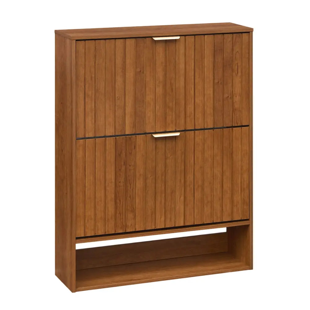 Fluted Hidden Shoe Cabinet with 2 Flip Drawers and Open Storage-Walnut - Walnut - Shoe Racks & Storage Benches