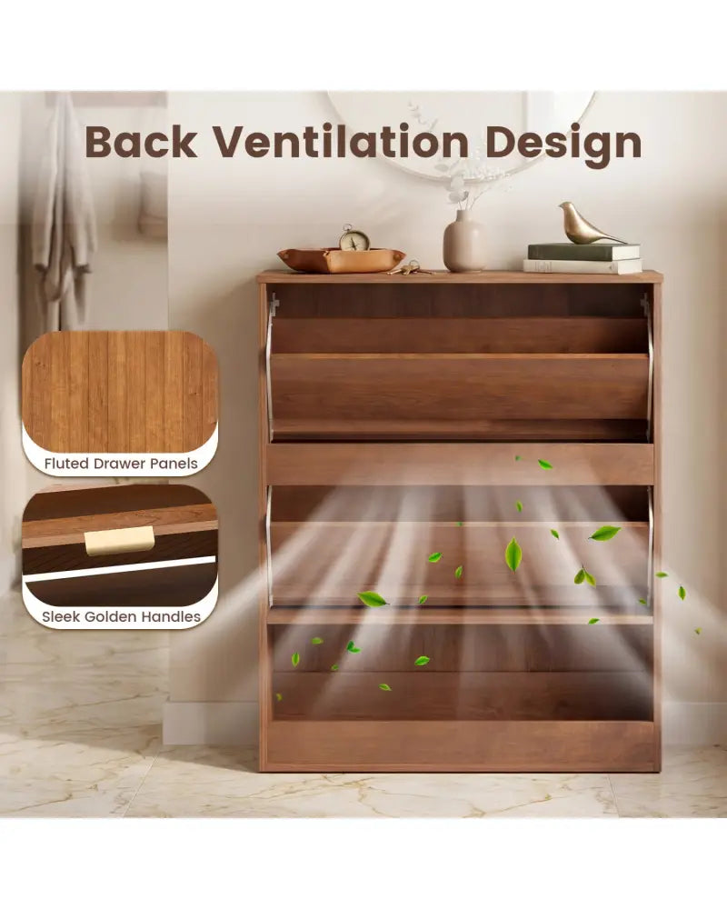 Fluted Hidden Shoe Cabinet with 2 Flip Drawers and Open Storage-Walnut - Walnut - Shoe Racks & Storage Benches