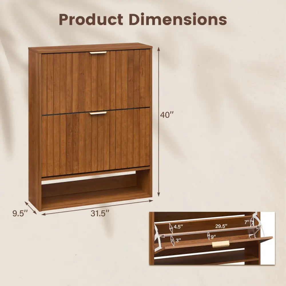 Fluted Hidden Shoe Cabinet with 2 Flip Drawers and Open Storage-Walnut - Walnut - Shoe Racks & Storage Benches