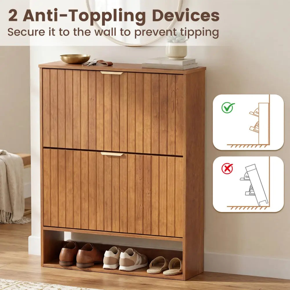 Fluted Hidden Shoe Cabinet with 2 Flip Drawers and Open Storage-Walnut - Walnut - Shoe Racks & Storage Benches