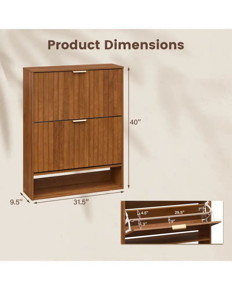 Fluted Hidden Shoe Cabinet with 2 Flip Drawers and Open Storage-Walnut - Walnut - Shoe Racks & Storage Benches