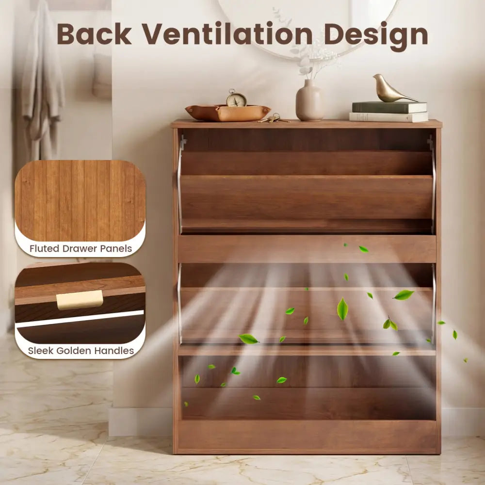 Fluted Hidden Shoe Cabinet with 2 Flip Drawers and Open Storage-Walnut - Walnut - Shoe Racks & Storage Benches