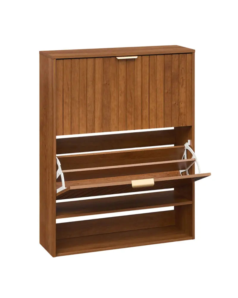 Fluted Hidden Shoe Cabinet with 2 Flip Drawers and Open Storage-Walnut - Walnut - Shoe Racks & Storage Benches