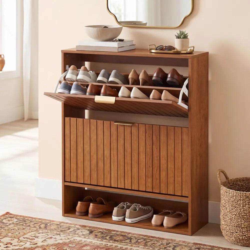 Fluted Hidden Shoe Cabinet with 2 Flip Drawers and Open Storage-Walnut - Walnut - Shoe Racks & Storage Benches
