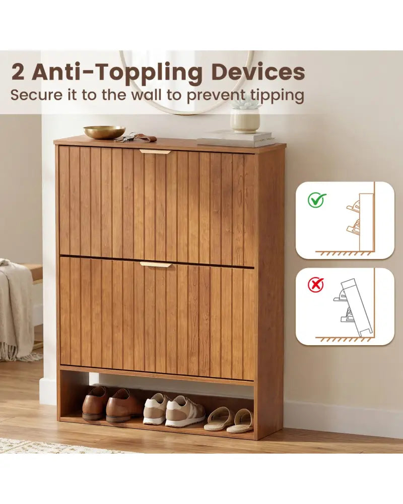 Fluted Hidden Shoe Cabinet with 2 Flip Drawers and Open Storage-Walnut - Walnut - Shoe Racks & Storage Benches