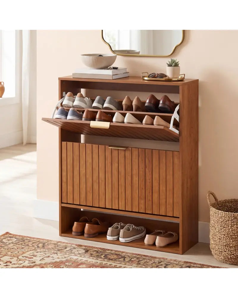 Fluted Hidden Shoe Cabinet with 2 Flip Drawers and Open Storage-Walnut - Walnut - Shoe Racks & Storage Benches