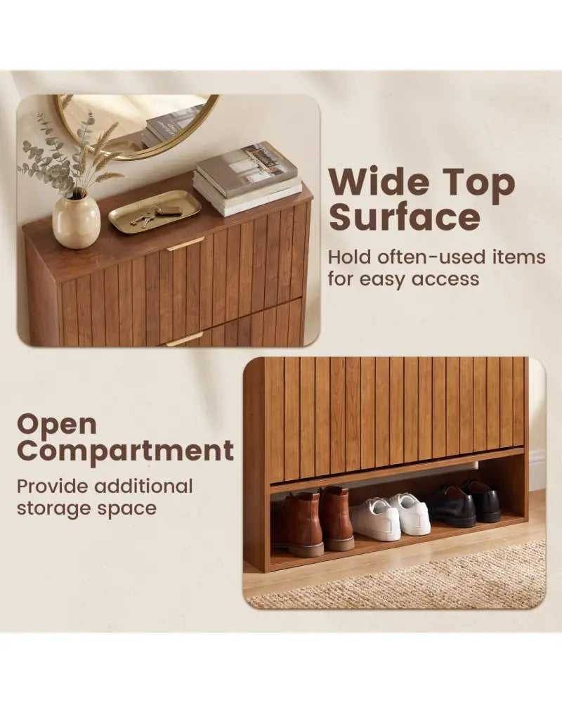 Fluted Hidden Shoe Cabinet with 2 Flip Drawers and Open Storage-Walnut - Walnut - Shoe Racks & Storage Benches