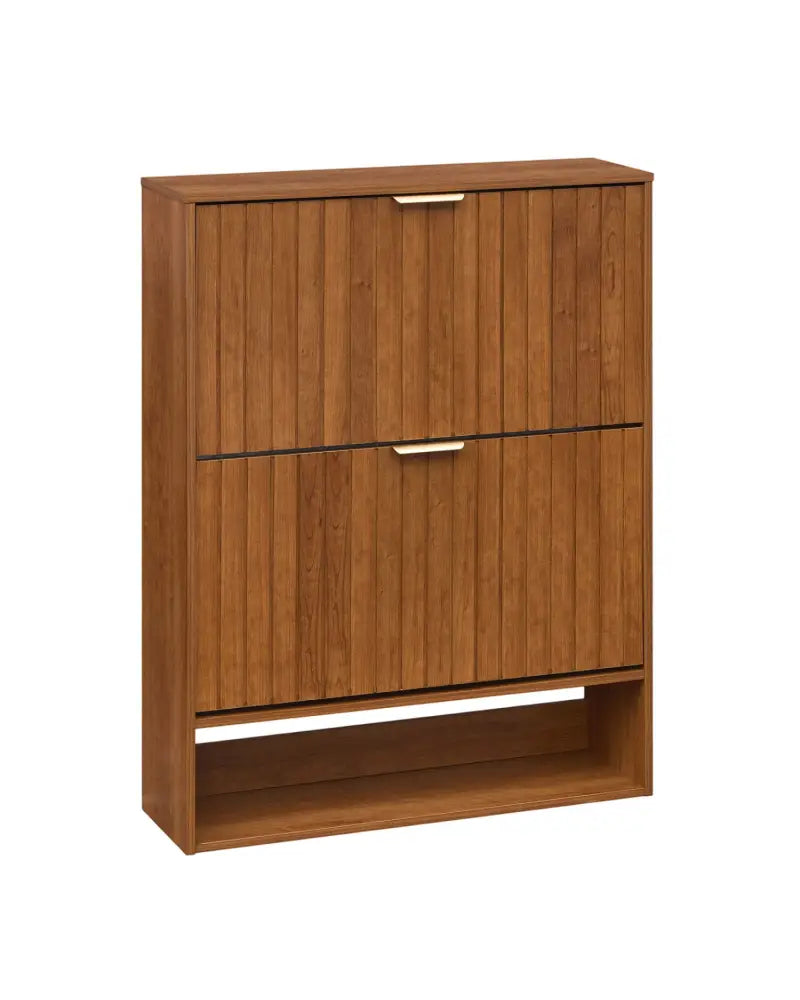 Fluted Hidden Shoe Cabinet with 2 Flip Drawers and Open Storage-Walnut - Walnut - Shoe Racks & Storage Benches
