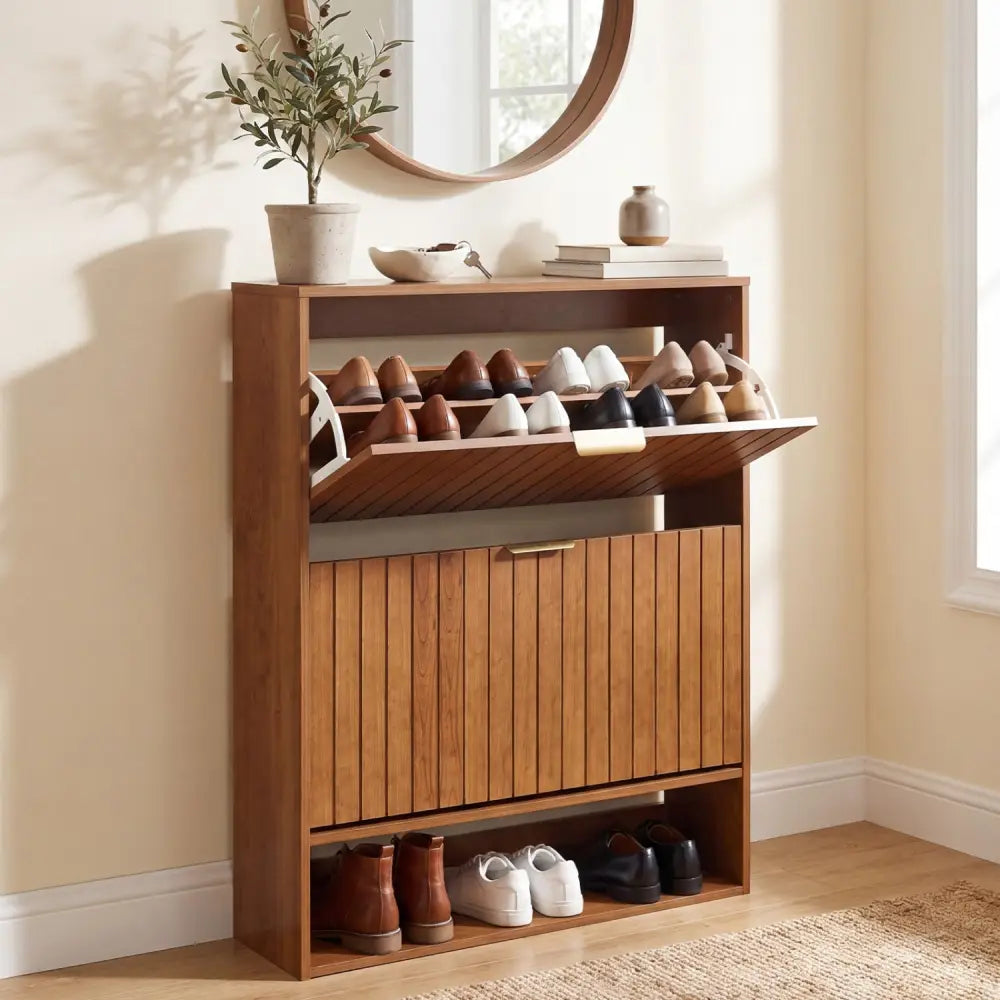 Fluted Hidden Shoe Cabinet with 2 Flip Drawers and Open Storage-Walnut - Walnut - Shoe Racks & Storage Benches