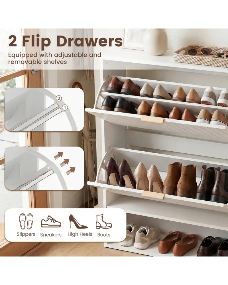 Fluted Hidden Shoe Cabinet with 2 Flip Drawers and Open Storage-White - White - Shoe Racks & Storage Benches