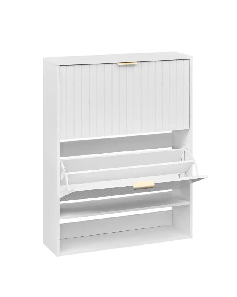 Fluted Hidden Shoe Cabinet with 2 Flip Drawers and Open Storage-White - White - Shoe Racks & Storage Benches