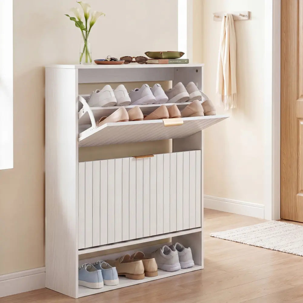 Fluted Hidden Shoe Cabinet with 2 Flip Drawers and Open Storage-White - White - Shoe Racks & Storage Benches