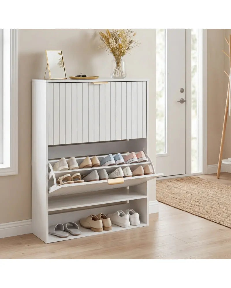 Fluted Hidden Shoe Cabinet with 2 Flip Drawers and Open Storage-White - White - Shoe Racks & Storage Benches