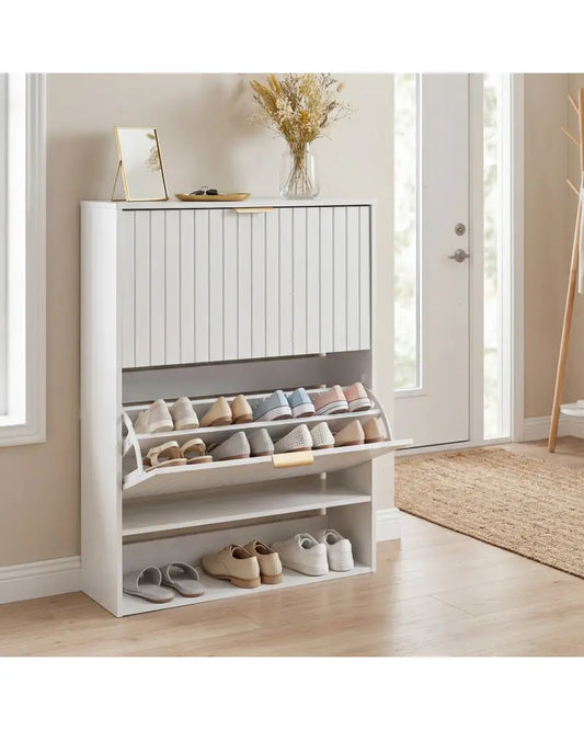 Fluted Hidden Shoe Cabinet with 2 Flip Drawers and Open Storage-White - White - Shoe Racks & Storage Benches
