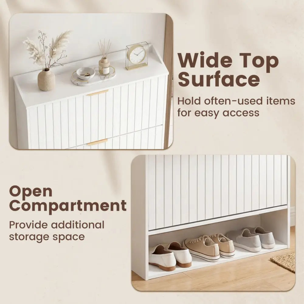 Fluted Hidden Shoe Cabinet with 2 Flip Drawers and Open Storage-White - White - Shoe Racks & Storage Benches