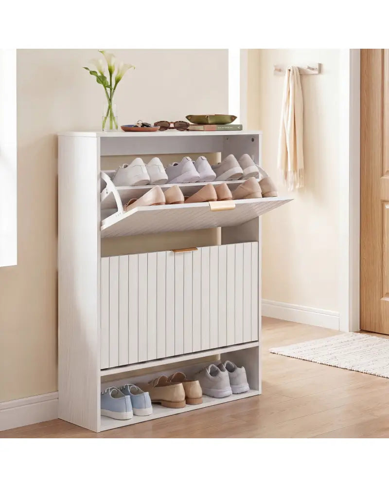 Fluted Hidden Shoe Cabinet with 2 Flip Drawers and Open Storage-White - White - Shoe Racks & Storage Benches