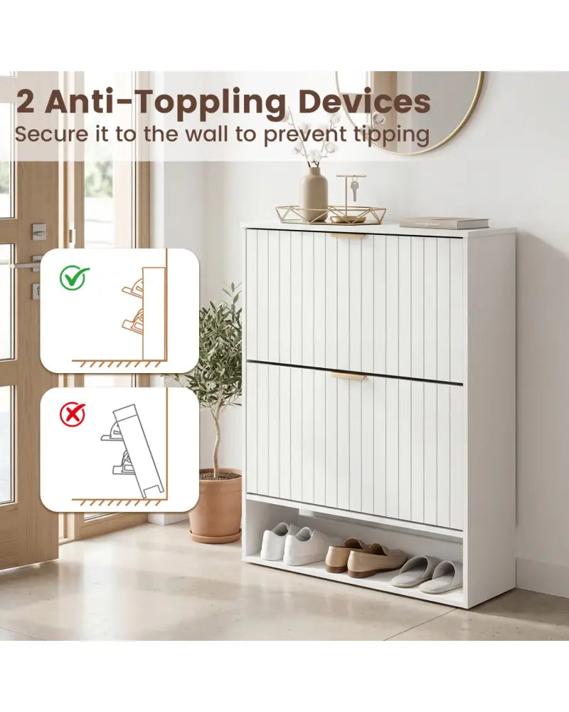 Fluted Hidden Shoe Cabinet with 2 Flip Drawers and Open Storage-White - White - Shoe Racks & Storage Benches