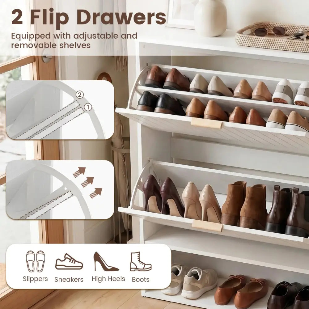 Fluted Hidden Shoe Cabinet with 2 Flip Drawers and Open Storage-White - White - Shoe Racks & Storage Benches