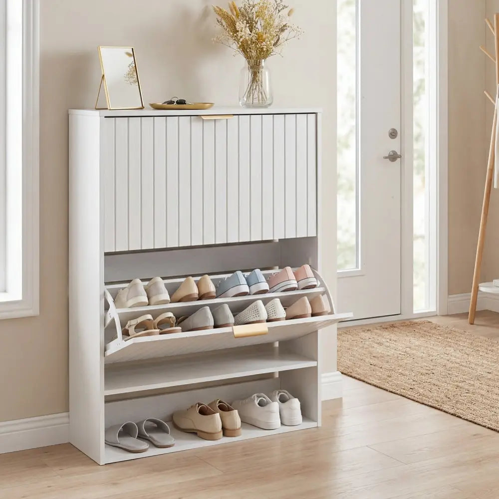 Fluted Hidden Shoe Cabinet with 2 Flip Drawers and Open Storage-White - White - Shoe Racks & Storage Benches