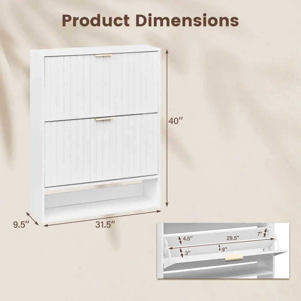 Fluted Hidden Shoe Cabinet with 2 Flip Drawers and Open Storage-White - White - Shoe Racks & Storage Benches