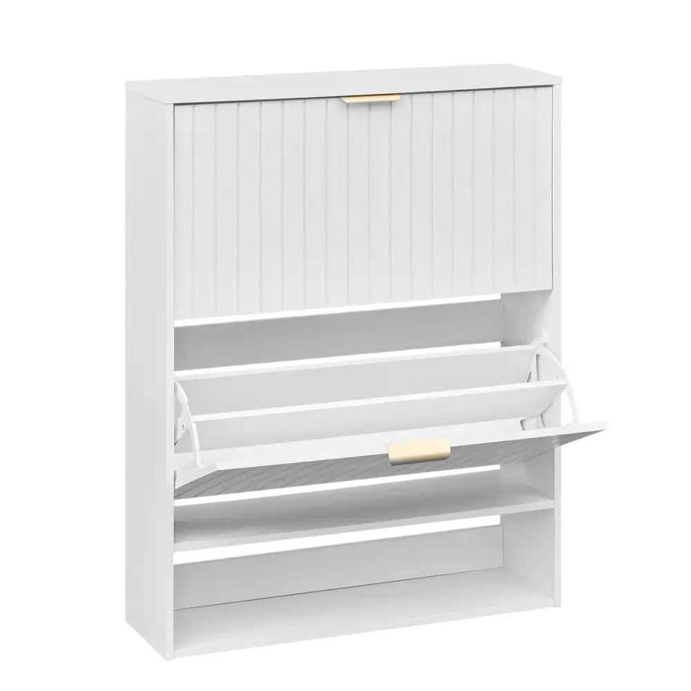 Fluted Hidden Shoe Cabinet with 2 Flip Drawers and Open Storage-White - White - Shoe Racks & Storage Benches
