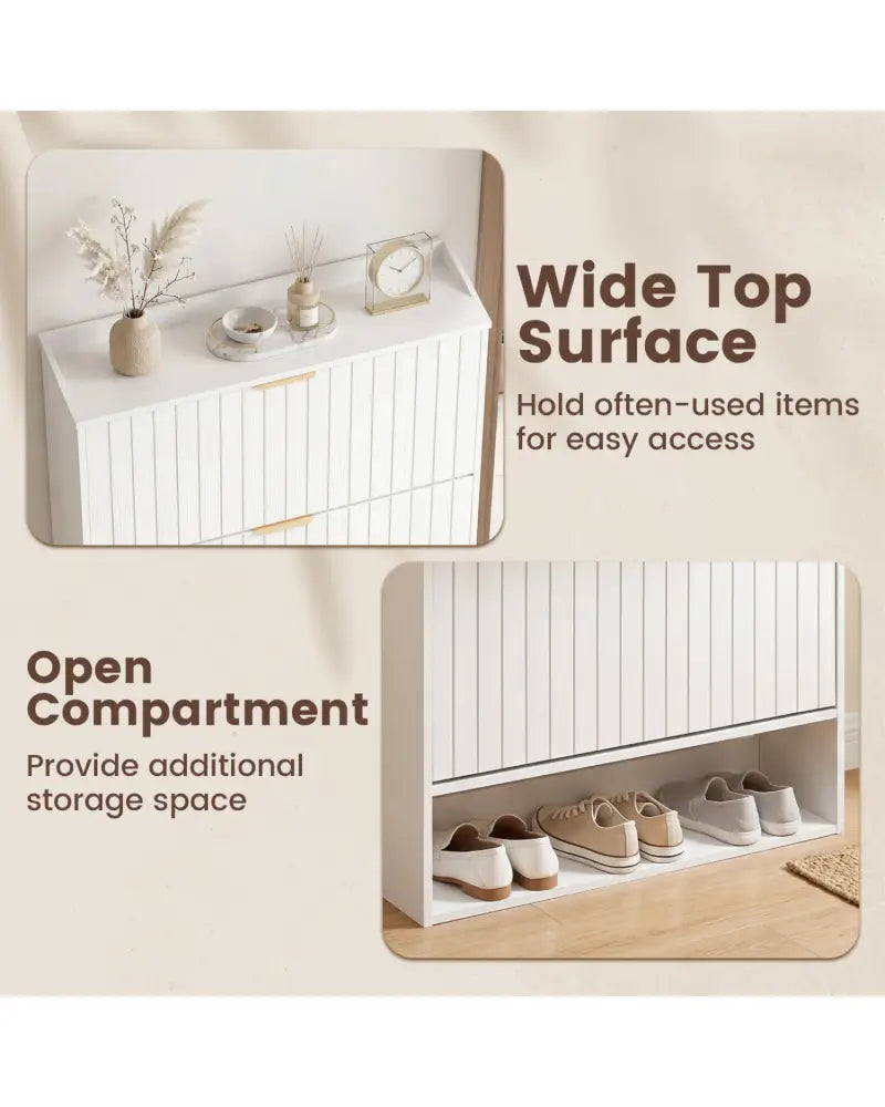 Fluted Hidden Shoe Cabinet with 2 Flip Drawers and Open Storage-White - White - Shoe Racks & Storage Benches