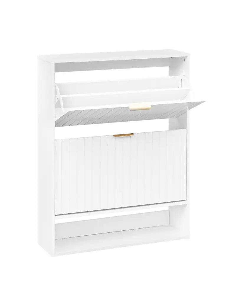 Fluted Hidden Shoe Cabinet with 2 Flip Drawers and Open Storage-White - White - Shoe Racks & Storage Benches