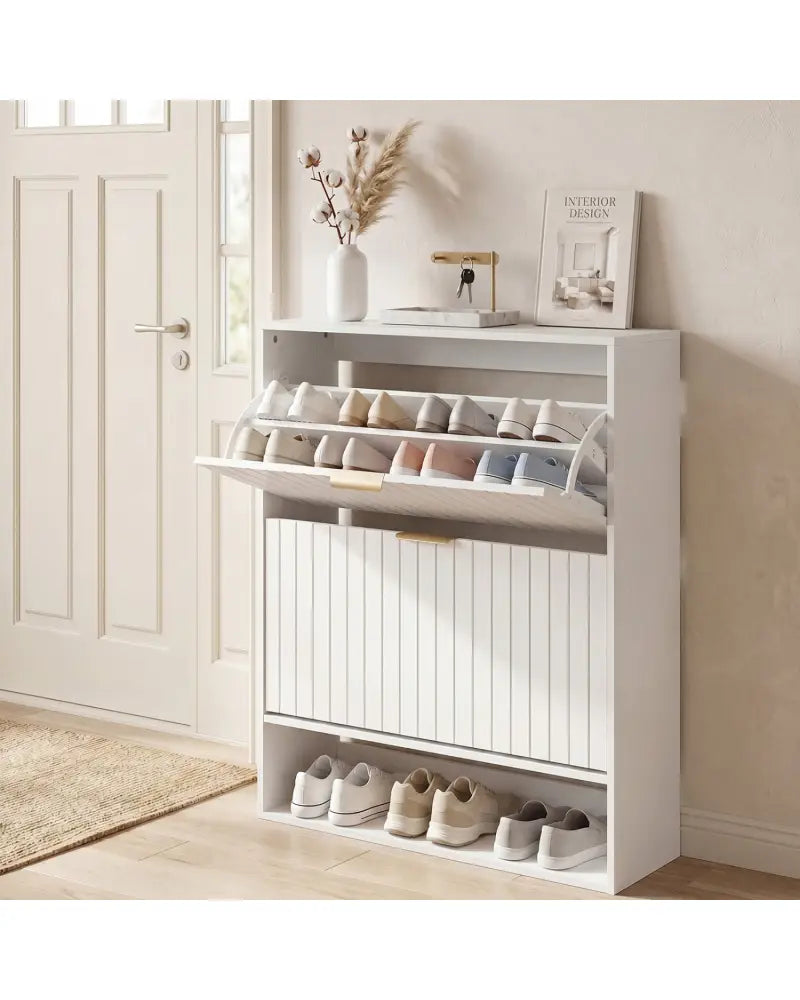 Fluted Hidden Shoe Cabinet with 2 Flip Drawers and Open Storage-White - White - Shoe Racks & Storage Benches