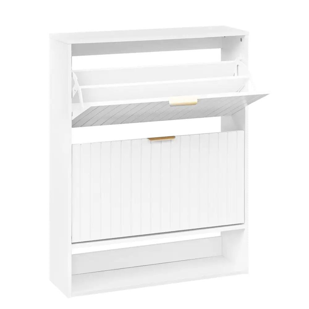 Fluted Hidden Shoe Cabinet with 2 Flip Drawers and Open Storage-White - White - Shoe Racks & Storage Benches