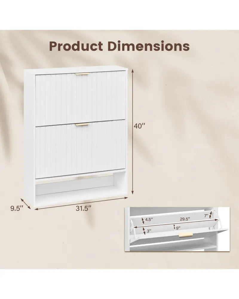 Fluted Hidden Shoe Cabinet with 2 Flip Drawers and Open Storage-White - White - Shoe Racks & Storage Benches