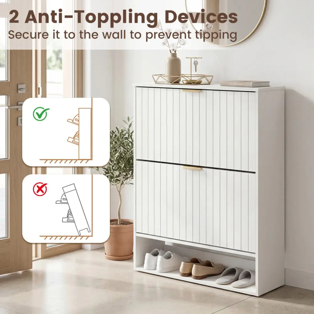 Fluted Hidden Shoe Cabinet with 2 Flip Drawers and Open Storage-White - White - Shoe Racks & Storage Benches