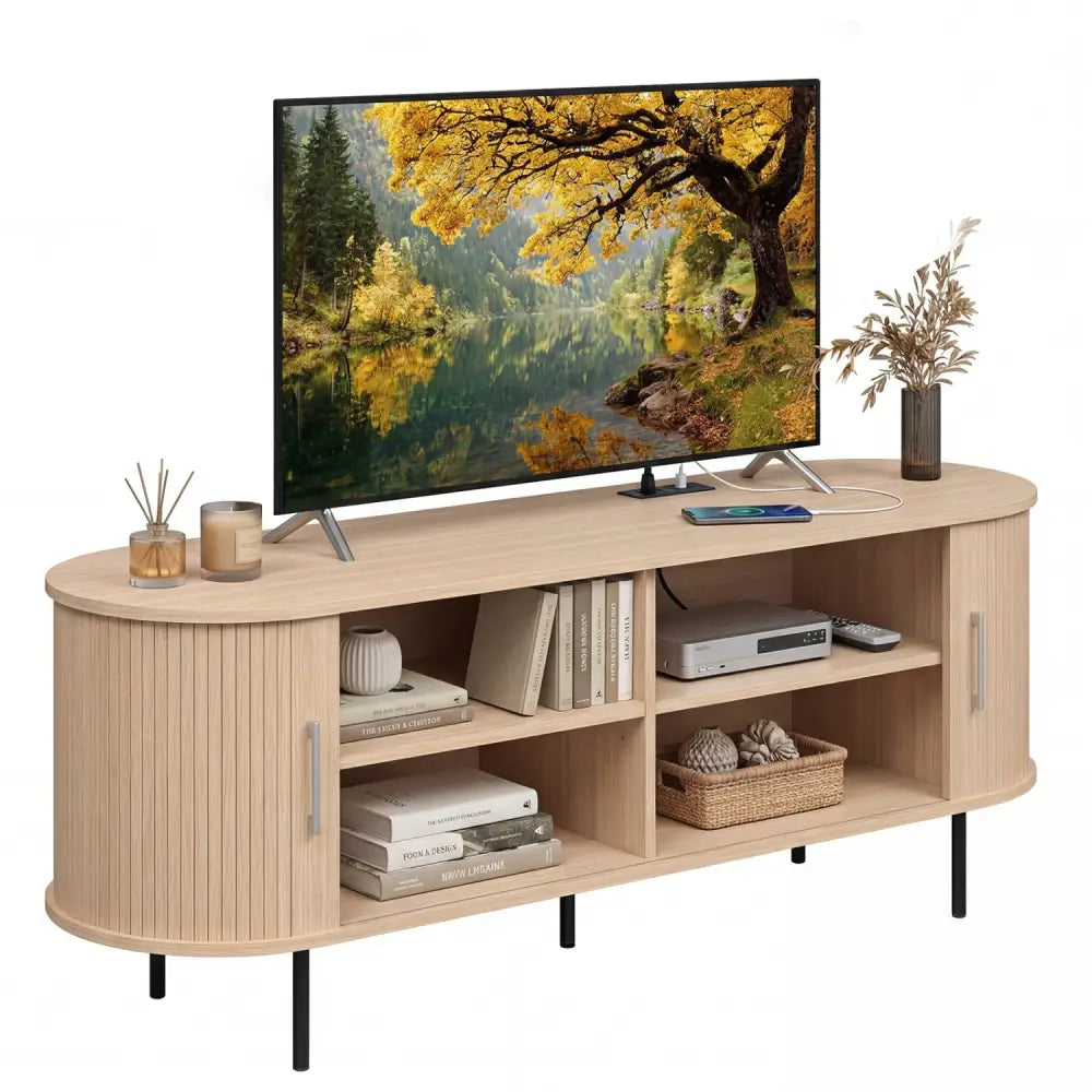 Fluted TV Stand for TVs up to 60’’ Mid Century Curved Entertainment Center-Natural - Natural - Entertainment Centers &
