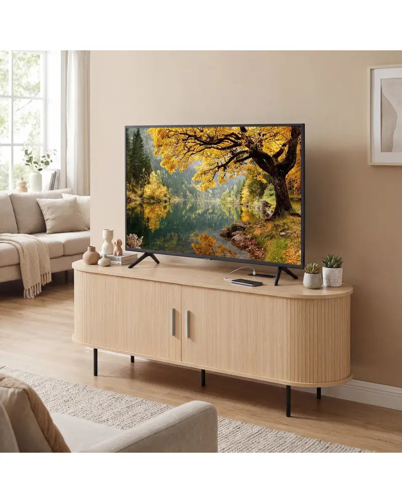 Fluted TV Stand for TVs up to 60’’ Mid Century Curved Entertainment Center-Natural - Natural - Entertainment Centers &
