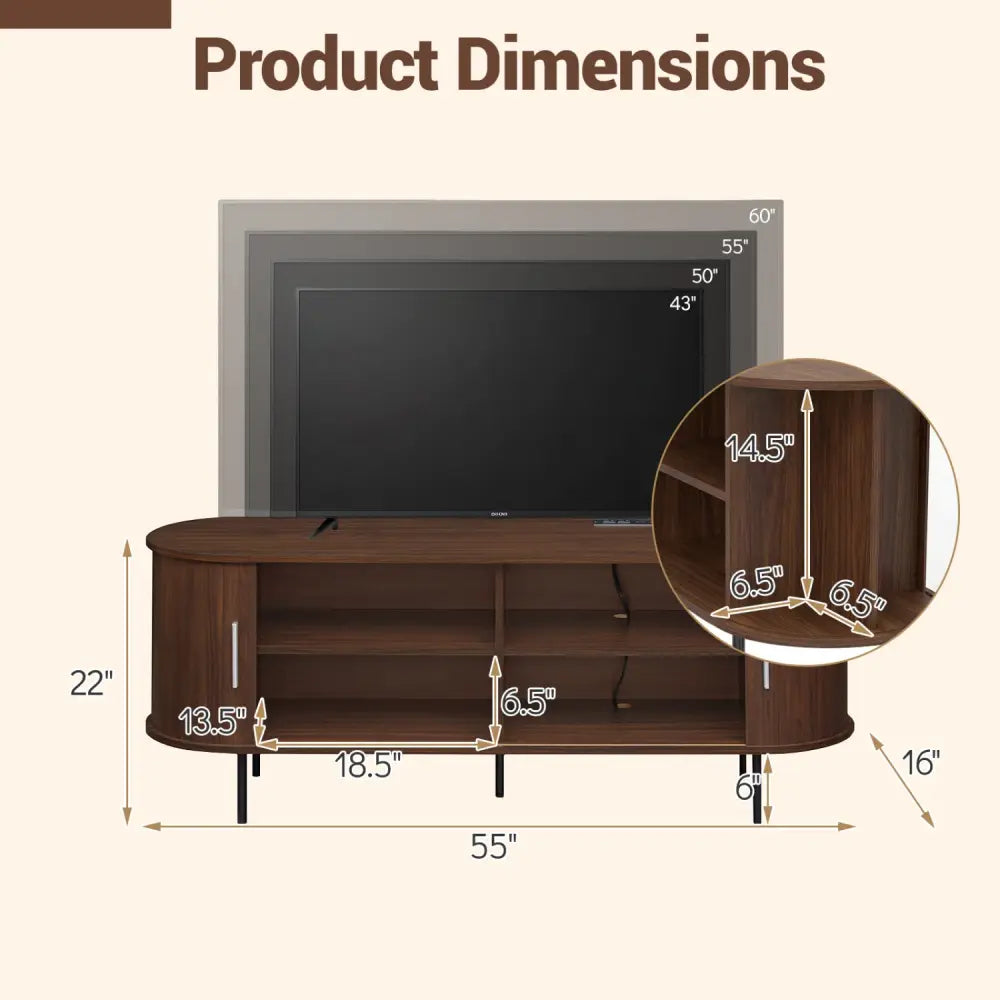 Fluted TV Stand for TVs up to 60’’ Mid Century Curved Entertainment Center-Walnut - Walnut - Entertainment Centers & TV