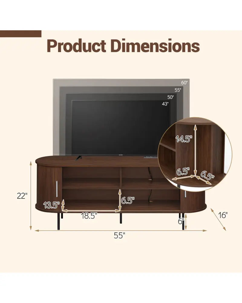 Fluted TV Stand for TVs up to 60’’ Mid Century Curved Entertainment Center-Walnut - Walnut - Entertainment Centers & TV