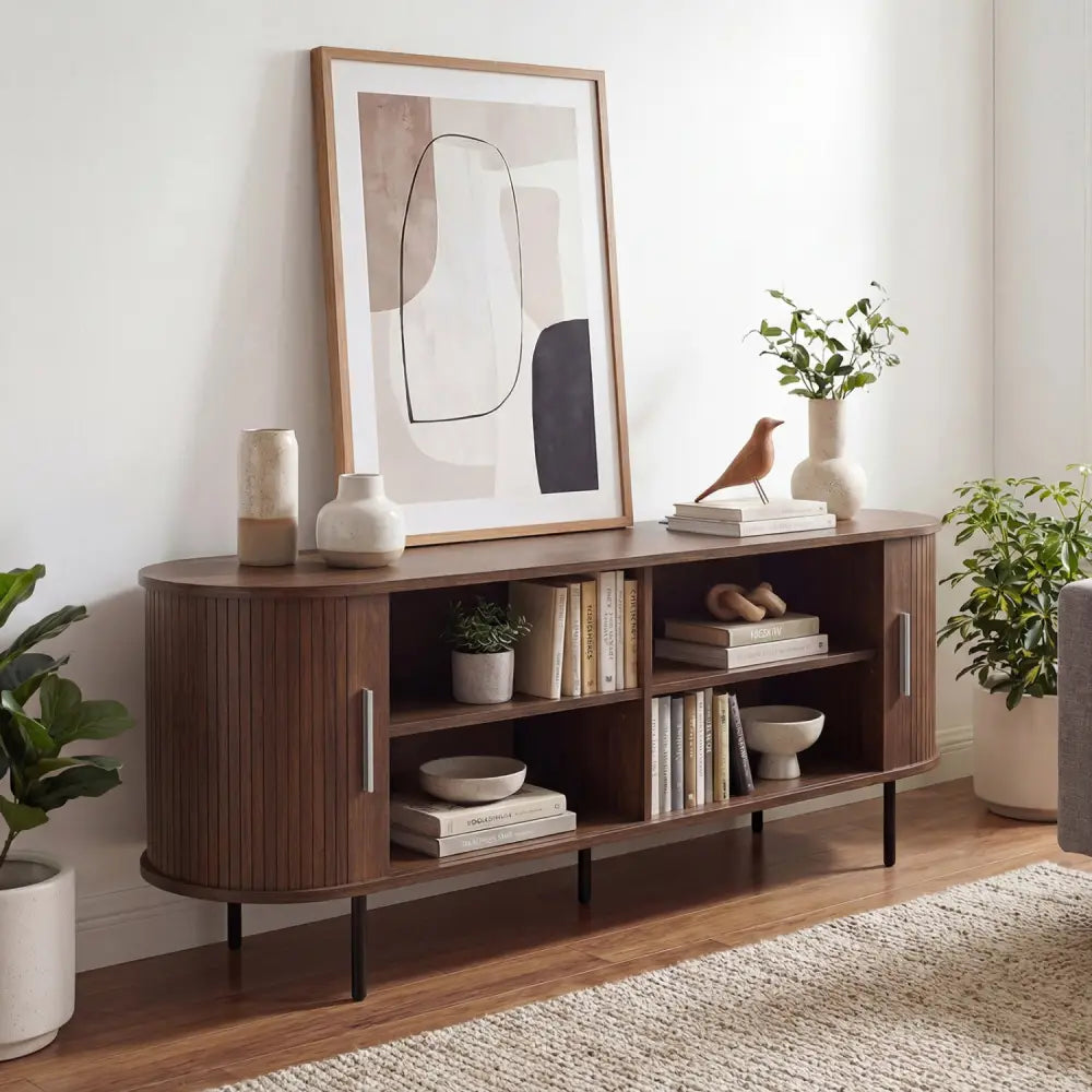 Fluted TV Stand for TVs up to 60’’ Mid Century Curved Entertainment Center-Walnut - Walnut - Entertainment Centers & TV