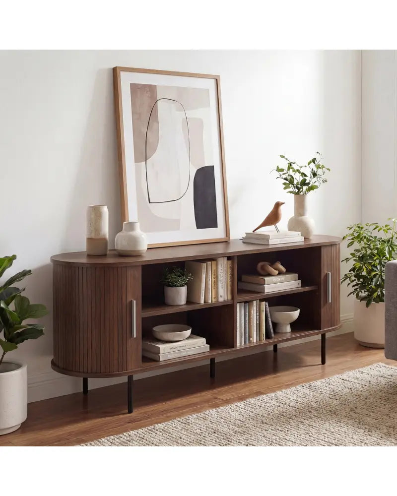 Fluted TV Stand for TVs up to 60’’ Mid Century Curved Entertainment Center-Walnut - Walnut - Entertainment Centers & TV