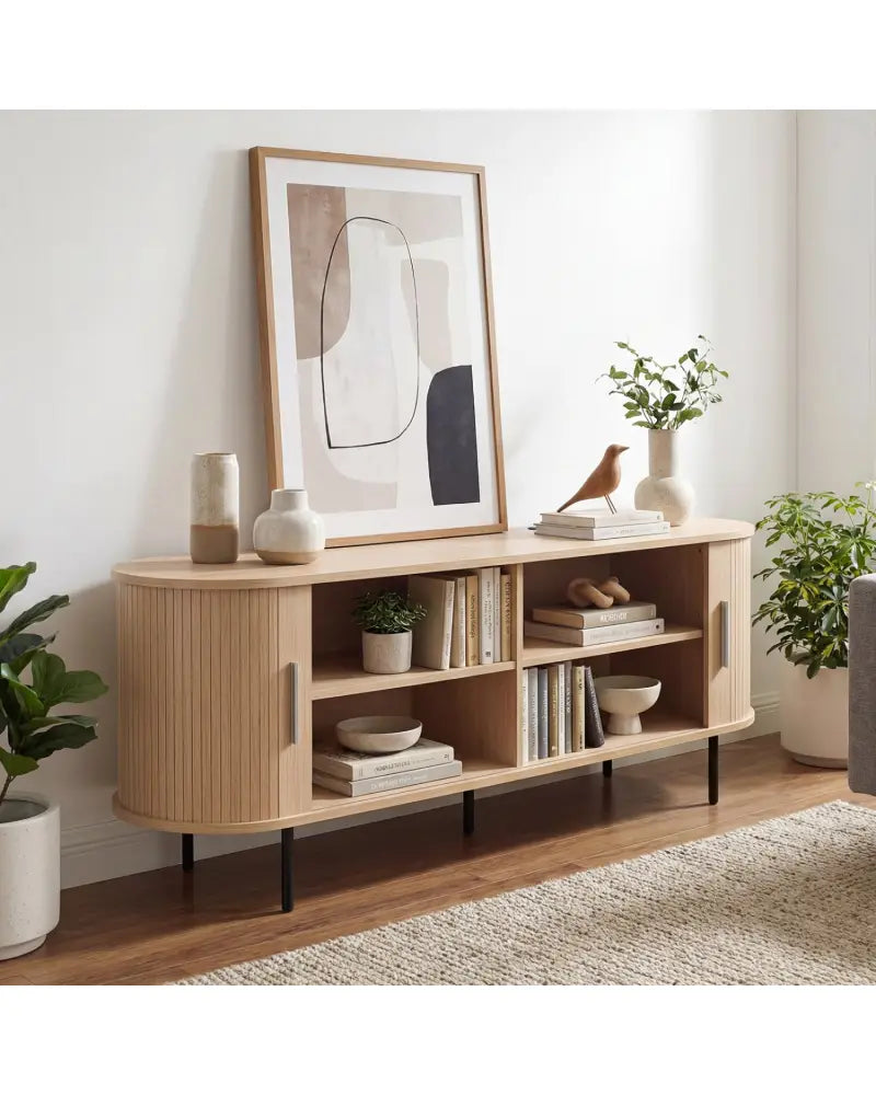 Fluted TV Stand for TVs up to 60’’ Mid Century Curved Entertainment Center-Natural - Natural - Entertainment Centers &