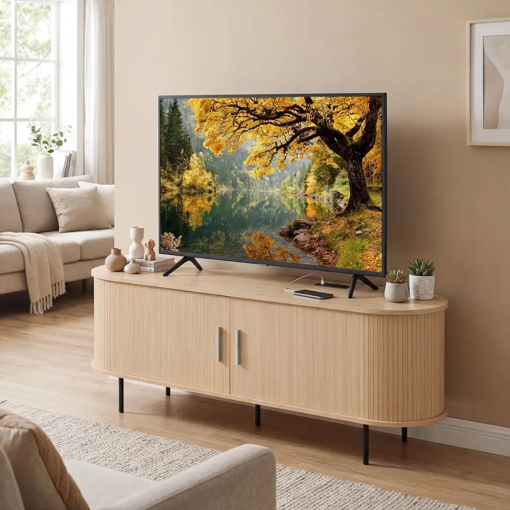 Fluted TV Stand for TVs up to 60’’ Mid Century Curved Entertainment Center-Natural - Natural - Entertainment Centers &