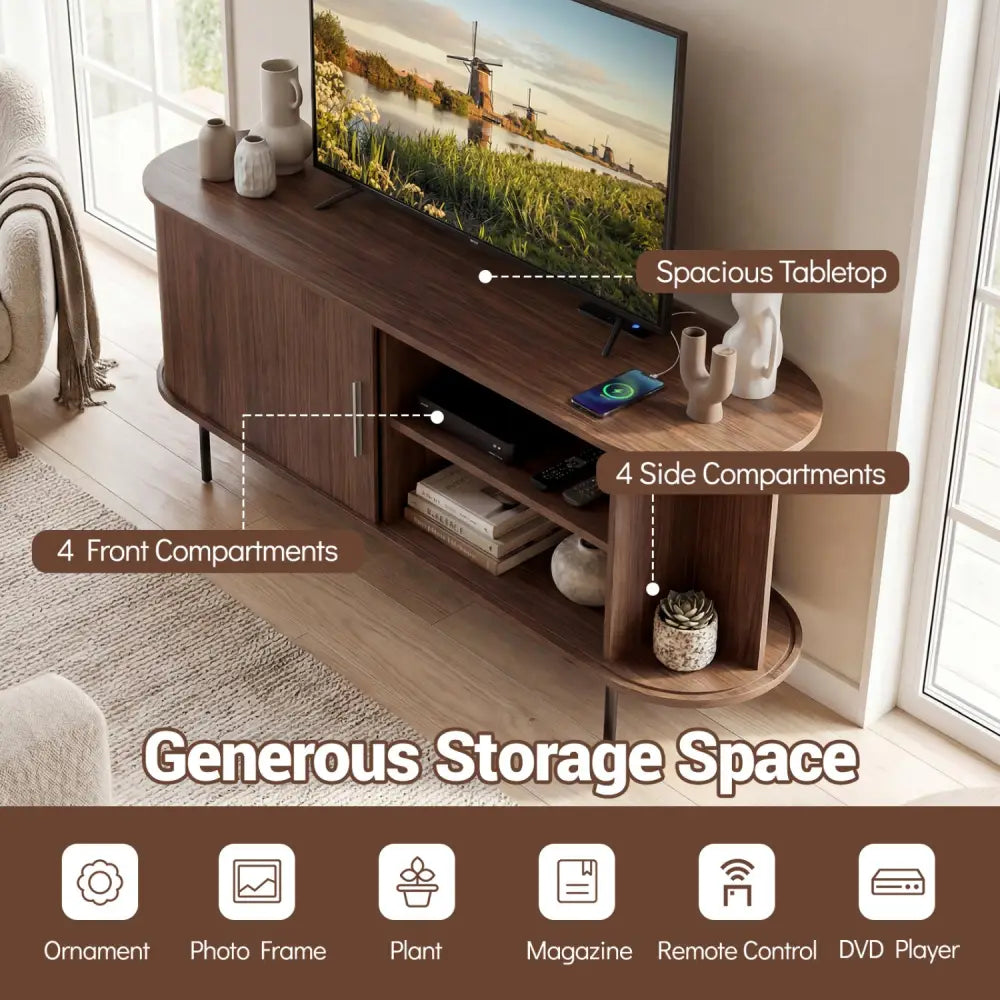 Fluted TV Stand for TVs up to 60’’ Mid Century Curved Entertainment Center-Walnut - Walnut - Entertainment Centers & TV