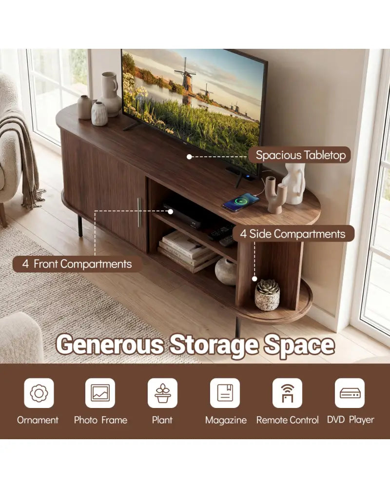 Fluted TV Stand for TVs up to 60’’ Mid Century Curved Entertainment Center-Walnut - Walnut - Entertainment Centers & TV
