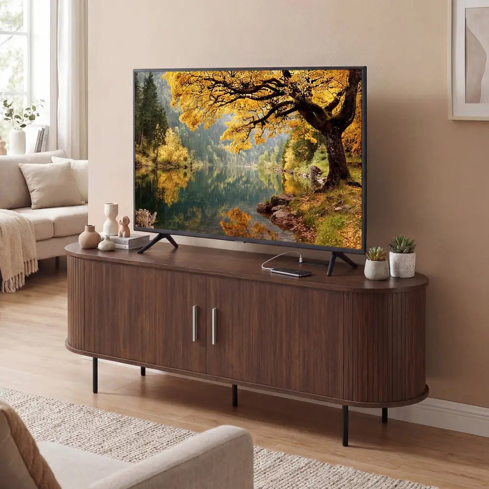 Fluted TV Stand for TVs up to 60’’ Mid Century Curved Entertainment Center-Walnut - Walnut - Entertainment Centers & TV