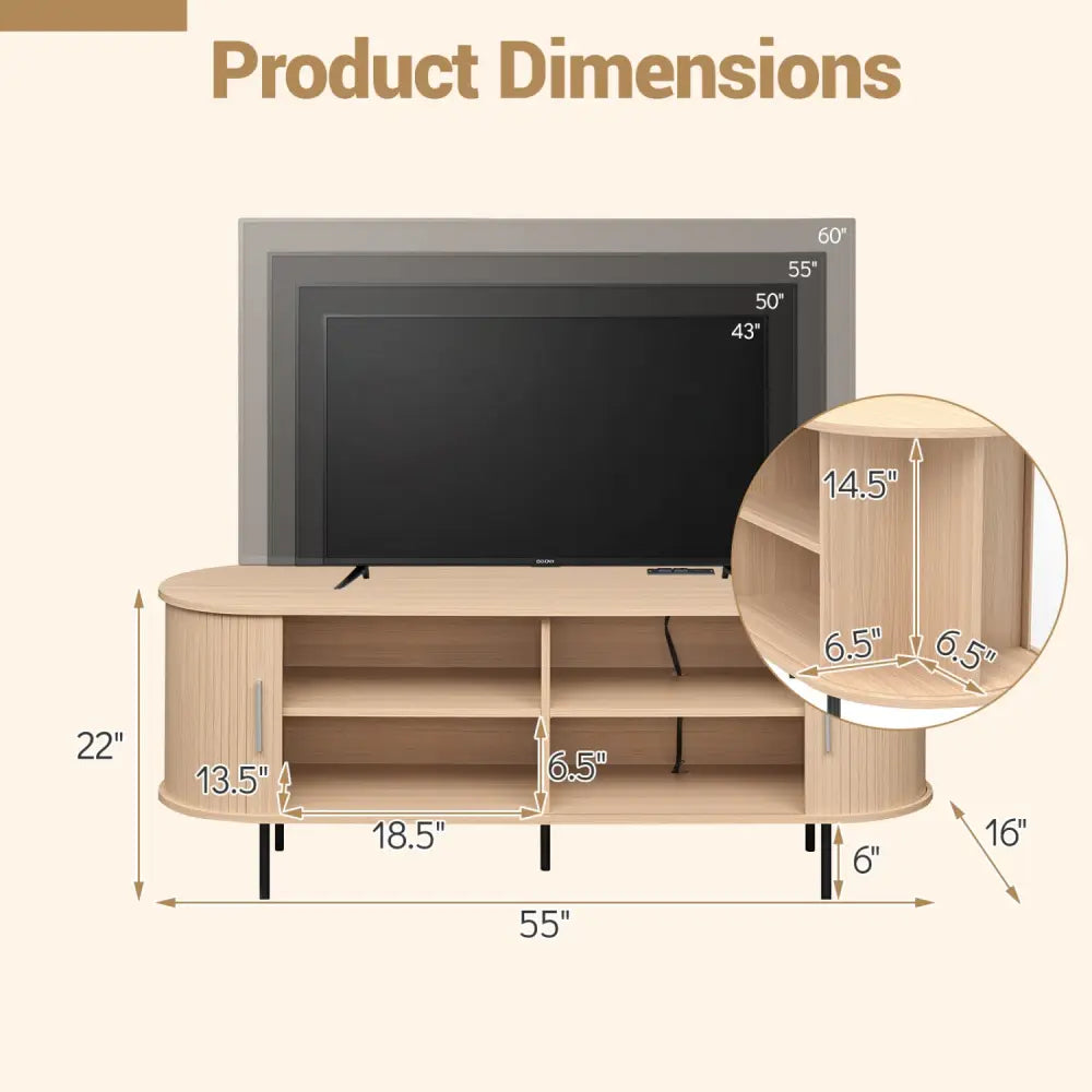 Fluted TV Stand for TVs up to 60’’ Mid Century Curved Entertainment Center-Natural - Natural - Entertainment Centers &