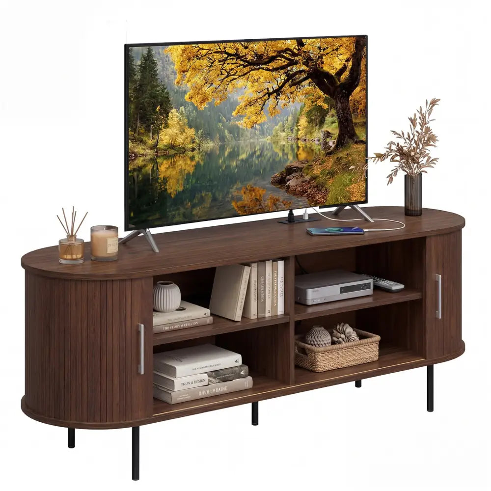 Fluted TV Stand for TVs up to 60’’ Mid Century Curved Entertainment Center-Walnut - Walnut - Entertainment Centers & TV